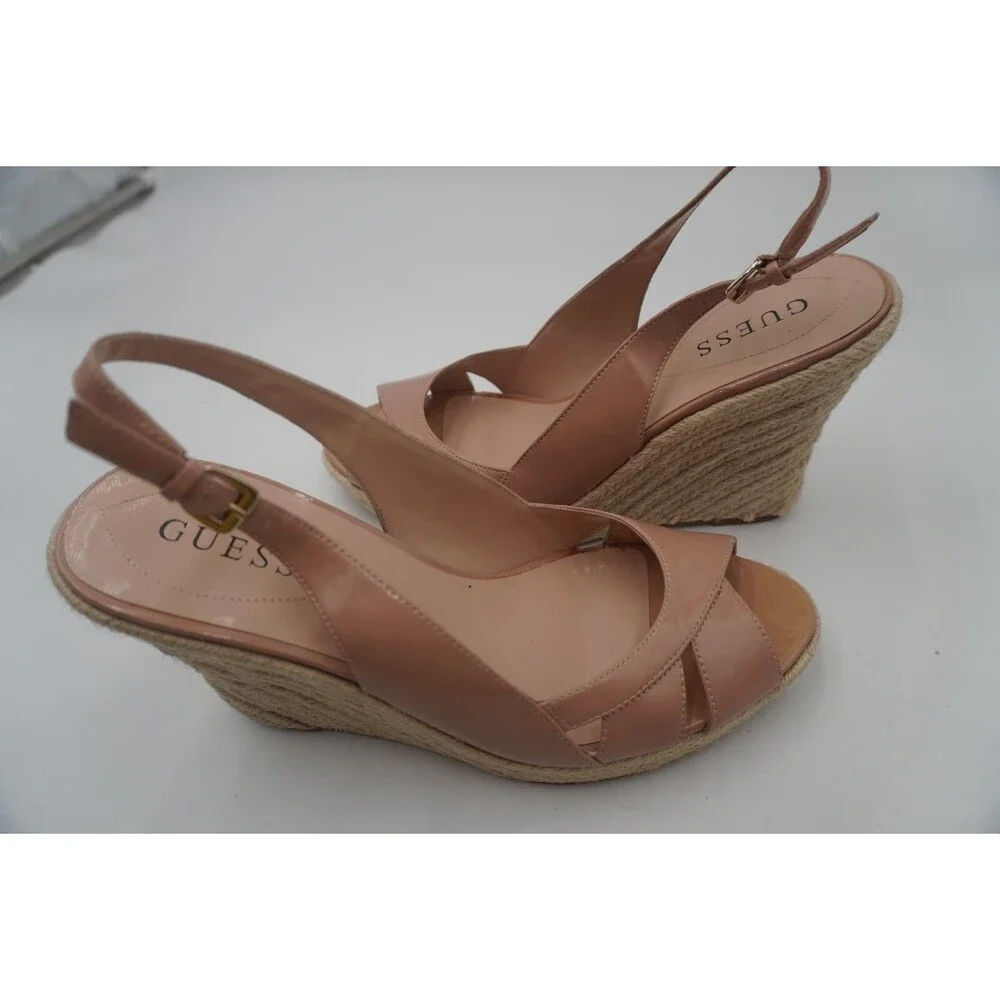 Guess Nude Patent Peep Toe Slingback Espadrille Wedge Heel Strap Sandals Sz 8.5M